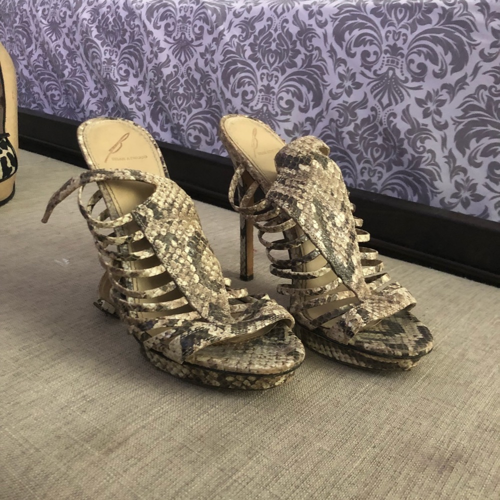 B by Brian Atwood snake print heels